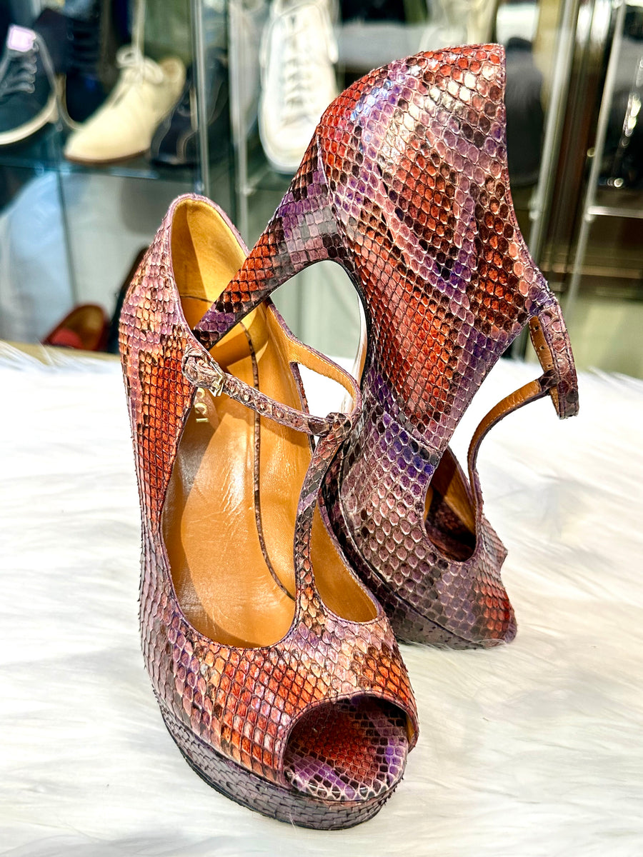 GUCCI platform T-Strap pumps purple snakeskin size 37.5 peep toe