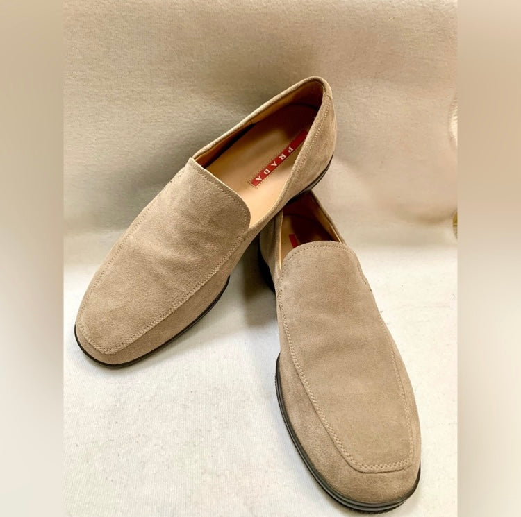 PRADA SUEDE TAN LOAFERS (PREOWNED) – Majolie Designs display picture 1