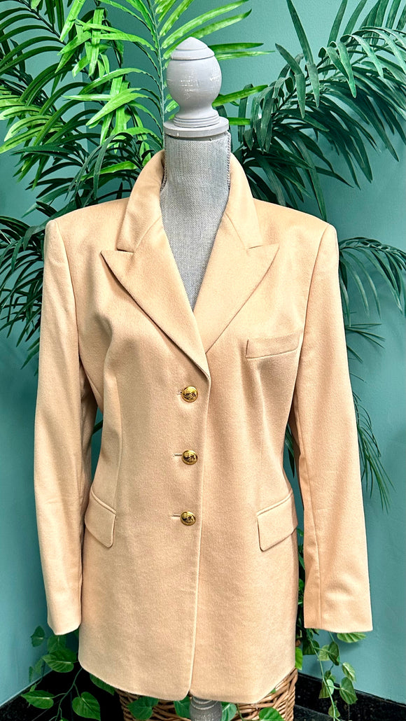 Escada tan gold floral button rabbit wool silk blazer. Size 42 (preowned)