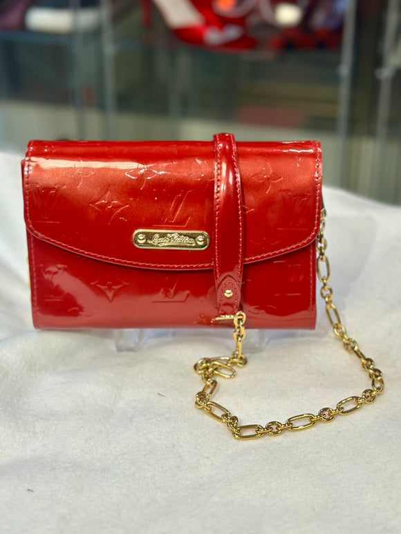 Louis Vuitton Shiny Red cross body with Gold Chain (preowned)