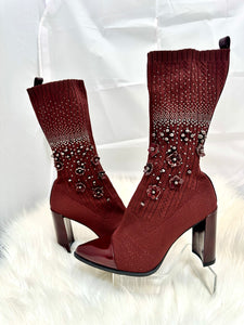 Stuart Weitzman Size 6.5M  Knit Sock burgundy highland heels ankle boots booties (preowned)