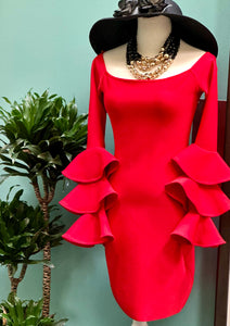 Elegant Red Ruffle Sleeve Dress (M)