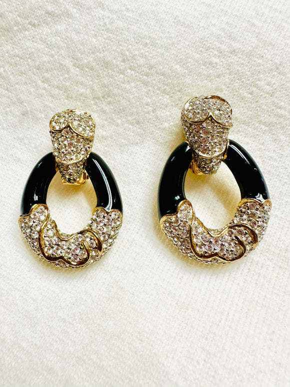 Vintage Ciner Black and Crystal Chunky Clip-On Earrings ( preowned)