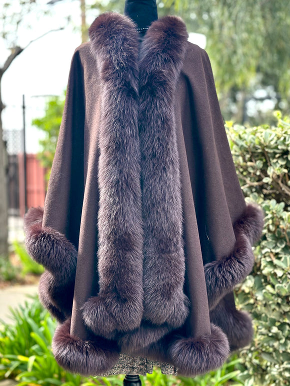 Cashmere Cape With Fox Fur Trim- Dark Brown (preowned)