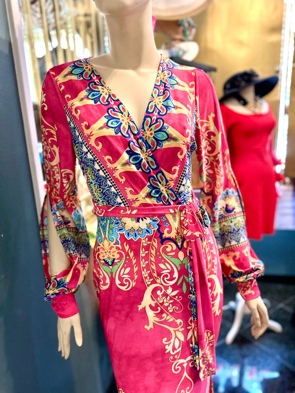 Elegant Pink and Blue Maxi Dress stretch (M)(preowned)