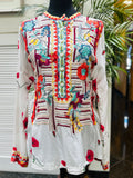 Johnny Was White Blousewith Colorful Floral Embroidery S: small (preowned)