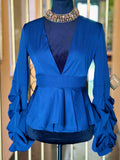 Blue V-Neck Peplum Blouse with Statement Sleeves s:small (preowned)