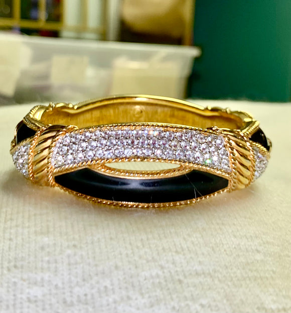 Swarovski vintage enamel, clear, crystal hinged bracelet, gold and black. (Preowned)