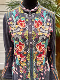 JOHNNY WAS Embroidered Navy (gray)Floral Button-Front Tunic Top S:small (preowned)