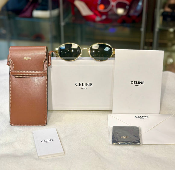 Celine Women's Sunglasses with Gold Frame and Gray Lenses (preowned/never used)