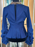 Blue V-Neck Peplum Blouse with Statement Sleeves s:small (preowned)
