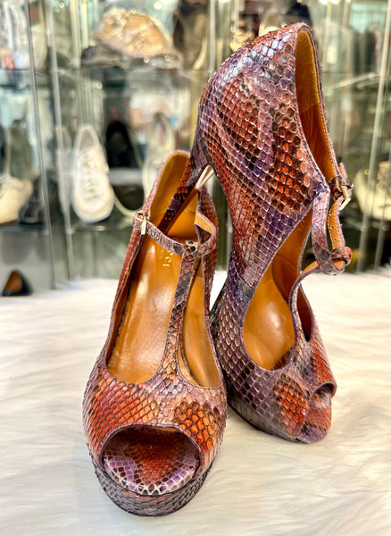 GUCCI platform T-Strap pumps purple snakeskin size 37.5 peep toe
