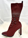 Stuart Weitzman Size 6.5M  Knit Sock burgundy highland heels ankle boots booties (preowned)