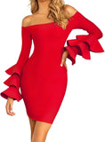 Elegant Red Ruffle Sleeve Dress (M)