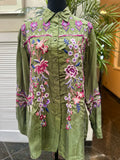 JOHNNY WAS Embroidered Olive Green Button-Front Women's Top S:XS (preowned)