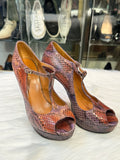 GUCCI platform T-Strap pumps purple snakeskin size 37.5 peep toe heels (preowned)