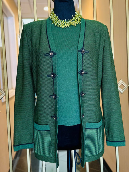 St. John Dark Green Military Style Hook & Eye Knit Jacket and Top