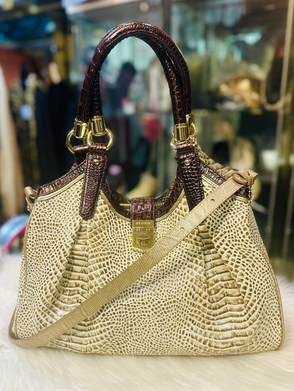 Brahmin Elisa Shoulder Bag Tri-color Creme Rhodes Embossed Leather + Tassel EUC (preowned)