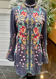 JOHNNY WAS Embroidered Navy (gray)Floral Button-Front Tunic Top S:small (preowned)