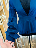 Blue V-Neck Peplum Blouse with Statement Sleeves s:small (preowned)