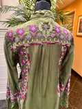 JOHNNY WAS Embroidered Olive Green Button-Front Women's Top S:XS (preowned)