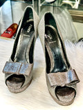 FENDI Silver Textured Fabric Bow Peep Toe Pumps size 37