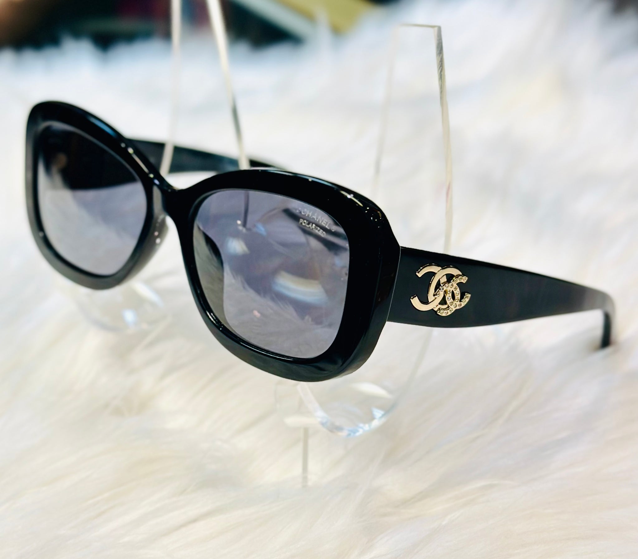 CHANEL Black Acetate Interlocking CC Logo Sunglasses