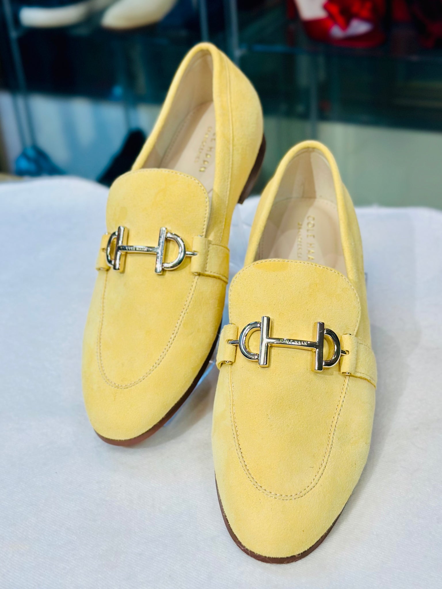 COLE HAAN Grandseries Yellow Suede Loafers with Silver Hardware Size 7 Majolie Designs COLE HAAN Grandseries Yellow Suede Loafers with Silver Hardware Size 7 Majolie Designs