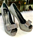 FENDI Silver Textured Fabric Bow Peep Toe Pumps size 37