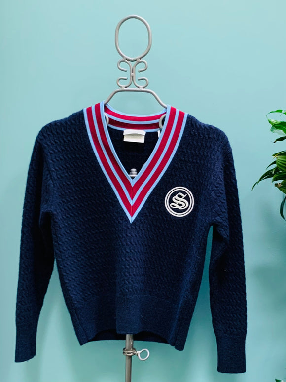 Sandro Navy Blue V-Neck Sweater with Red and Blue Accents (unisex) S:1 (preowned)