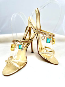 MANOLO BLAHNIK  Crystal Strappy Sandals Stilleto Heels Gold Leather Size 38 (PREOWNED)