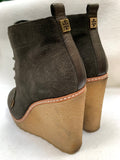TORY BURCH OLIVE GREEN WEDGE BOOTIES (PREOWNED)